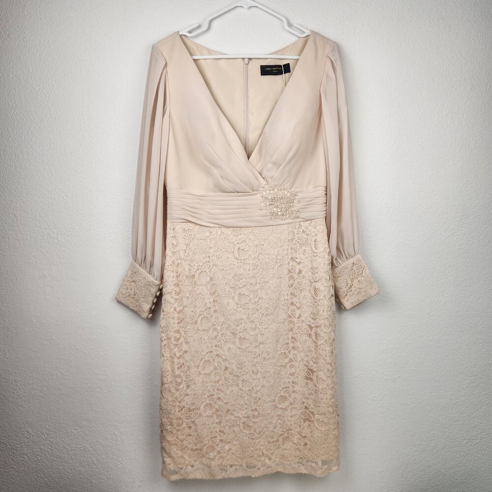 Linea Raffaelli Dress in Cream Size 10 Long Sleeve Faux Wrap V Neck Lace